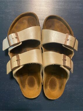 Birkenstock Pearl Cream Leather Arizona Strap Slide Sandals with Copper Buckles